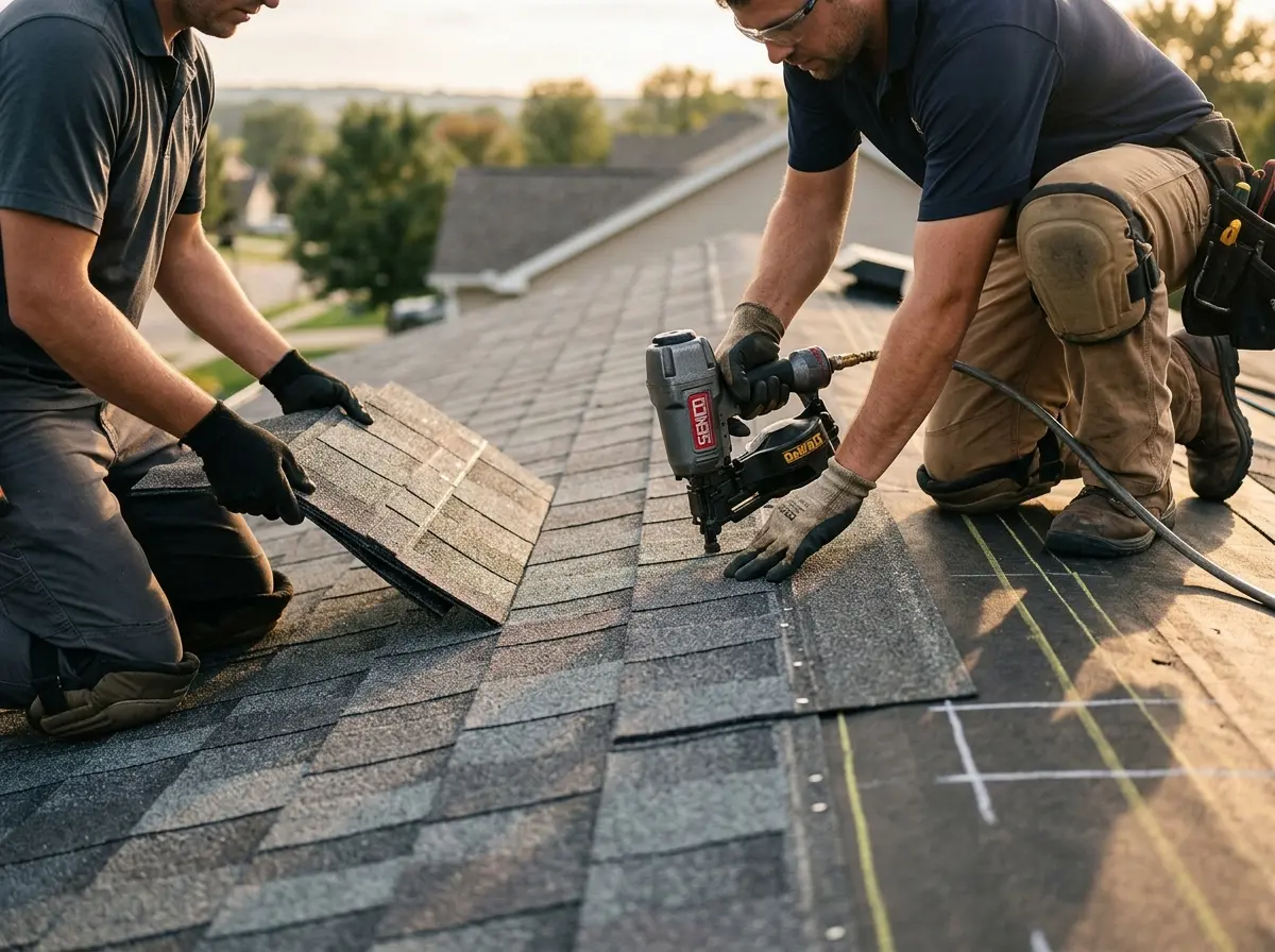 Professional roofer working on a residential roof in Swanzey